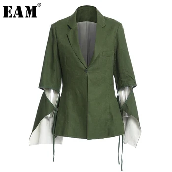 [ИАЛ] Women Green ленти Irregular Big Size Blazer New Lapel Long Sleeve Loose Fit Jacket Fashion пролет есен 2021 1Z177