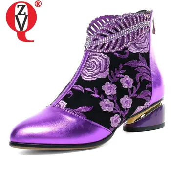 ZVQ мода Дамски обувки естествена коровья кожа 4,5 см, средни токчета ботильоны етнически стил на цветя модел лилаво, синьо ботильоны