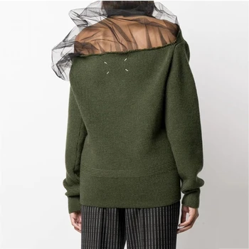 DEAT V-образно деколте пълни ръкави плетене на мрежи мозайка кухи с едно рамо пуловер пуловер женски вязаный топ WO39606 мода