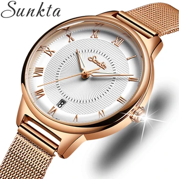 SUNKTA нови дами rose gold дамски часовници Гривна от неръждаема стомана ръчен часовник дамски моден кварцов часовник reloj mujer ежедневни