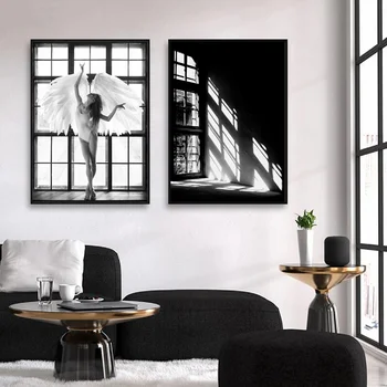 Стенно изкуство платно Живопис модел фотография балерина Ангел плакат черно-бели разпечатки на момичето в прозореца на скандинавски украса бохо