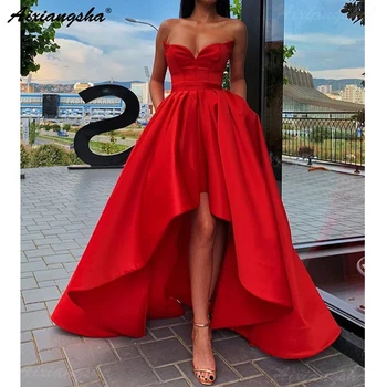 Просто червено сладко вечерна рокля атласное високо ниско выпускное рокля с джобове плюс размера на дълги абитуриентски рокли