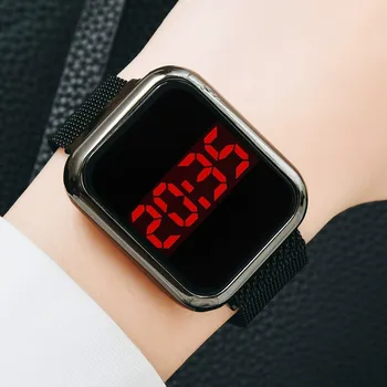 Стоманен обръч LED Mesh Belt Square Head Fashion Watches Business Personality дамски часовници Touch-screenDigital ръчен часовник