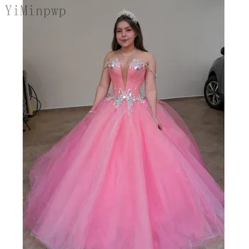 YiMinpwp розова бална рокля Quinceanera Dresses Spaghetti Lace up Back Crystal Beads Illusion Long Prom Party Dresses for Sweet 16