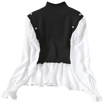 Nomikuma блуза мозайка хит Цвят трикотаж елегантен фалшиви две части Woemn пуловер 2021 нов дълъг ръкав пристрастие вязаный топ 6D854
