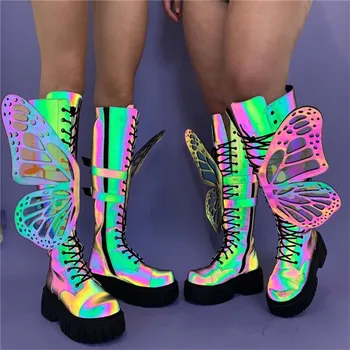 Mstacchi свалящ се триизмерна пеперуда женски светлоотразителни ботуши на платформа 2020 кръг чорап модни дамски обувки Buty Damskie