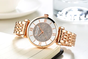 Дамски кварцов часовник 2020 луксозна марка Contena дамски Ръчни часовници пълен неръждаема стомана, дамски часовници планински кристал китката гледате
