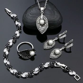 Подарък за жени 925 сребро черен комплект бижута пънк стил перлена пръстен, обеци, колие с висулка за гривна партия бижута