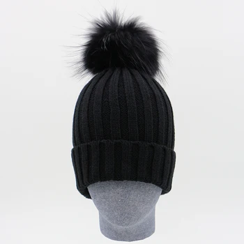 2017 Black Acrylic Зимна Шапка Hat Real Women Silver Fox Fur Топка Hats Winter With Real Енот Fur Knitted Beanie Pom Pom Шапка