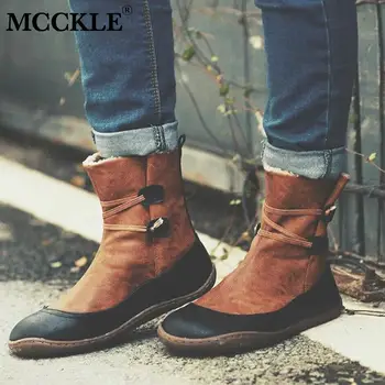 MCCKLE Женски ботильоны зимна топла плюшен обувки от изкуствена кожа ежедневни дамски ботуши дамски къси ботуши удобни дамски обувки