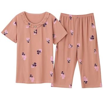 Плюс размер 4XL малко цвете на жената пижама комплект кръгла яка ежедневно с къс ръкав домашни дрехи лято мек пълен чист памук пижами
