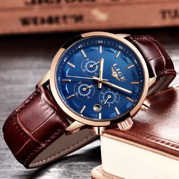 2020 нов мъжки часовник LIGE Top Brand кожена хронограф водоустойчив Спорт Автоматична дата на кварцови часовници за мъже Relogio Masculino