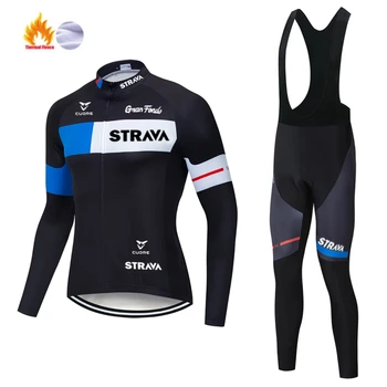 STRAVA Cycling Jersey Мъжки 2020 pro team Winter Thermal Fleece Long Sleeve Set МТБ велосипедна облекла Трико Ropa Ciclismo Hombre