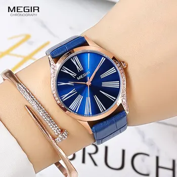 MEGIR дамски часовници са най-добрата марка на луксозни дамски Кварцов часовник дамски сини кожени водоустойчив часовник момиче Relogio Feminino 4212