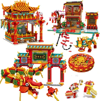Китайската Нова година архитектура строителни блокове Лъв танцови фигури за декорация на дома колекция от тухли набор от играчки за деца подаръци