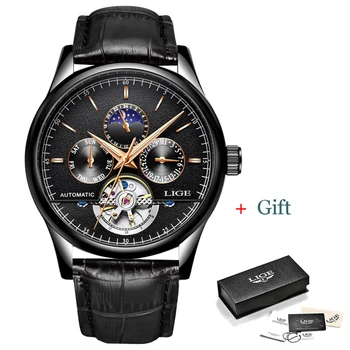 LIGE автоматични механични мъжки часовници най-добрата марка на луксозни tourbillion часовници човек водоустойчив дата на кожата ръчен часовник Relogio Masculino