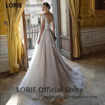 LORIE Glitter Tulle сватбени рокли елегантни дантелени апликации плажна сватбена рокля с шнур Чисто Illusion Neck Boho Princess Dress