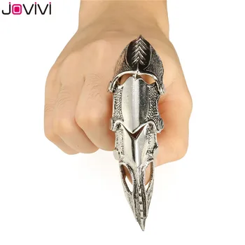 Jovivi 1x мъжки бижута сребриста броня костяшка пълен пръст двойна верига активност на ринга пънк рок готик страхотен пръстен бижута