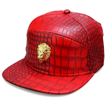 Хип хоп рап 5 панел-метал злато Лъвската глава лого изкуствена кожа бейзболна шапка ежедневни унисекс обтегач на колана възстановяване на предишното положение шапка, мъжки черно червено злато