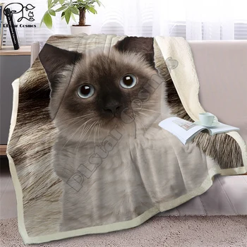Сива котка, хвърли едно одеяло върху леглото 3D плюшено животно Шерпа одеяло домашен любимец сиамски покрива кожа принт коварен одеяло Drop Ship style-3