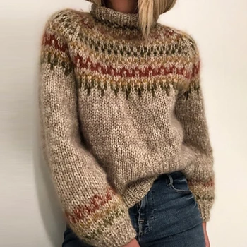 Есен WinterVintage висока яка кафяв пуловер свободни врата ежедневни дамски пуловер нова мода елегантен All-match Top
