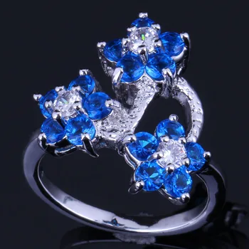 Очарователно цвете син цирконий Бял КАМЪК със сребърно покритие пръстен V0598