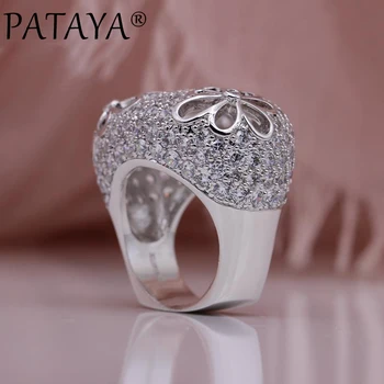 PATAYA New Luxury Party White Gold Rings Women Wedding Fine Fashion Jewelry през цялата натурален Циркон кухи три цвете големи пръстени
