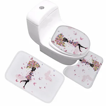CAMMITEVER домашен интериор баня килими цветни пеперуда момиче 3D печат нескользящая баня килим тоалетна, тоалетна мека подложка 3 бр.