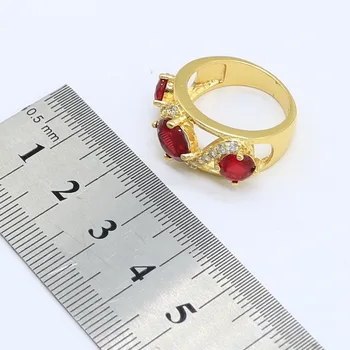 Класически червени камъни златен цвят, комплект бижута за жени с гривната от дълги обеци, колие с висулка, пръстен, подарък за Рожден Ден