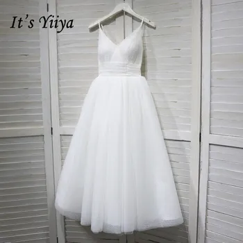 Това Yiiya сватбена рокля с V-образно деколте, спагети презрамки стягам глезена дължина на сватбени рокли, сватбени и годежни елегантни бели рокли G008