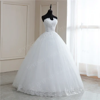 Мода проста 2020 дантелени апликации сватбени рокли без презрамки топка рокля Robe de Mariee евтино бяло реална снимка на поръчка