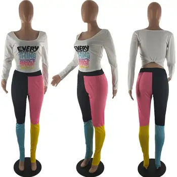 Antumn women ' s set casual Letter Print crop върховете на T-shirt Patchwork stacked pants suit jogger 2 piece sets outfit soprt tracksuit