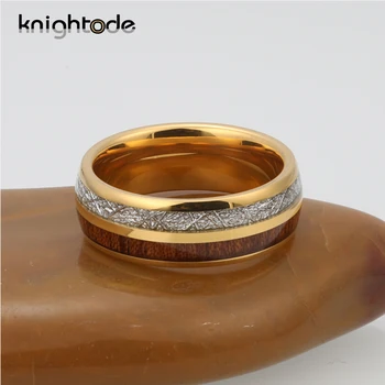 8 мм, злато, волфрам карбид годежен пръстен от Бяло метеорит / Coa дървена инкрустация на Мъже, Жени мода Jwelry любителите на пръстен на купола полиран комфорт