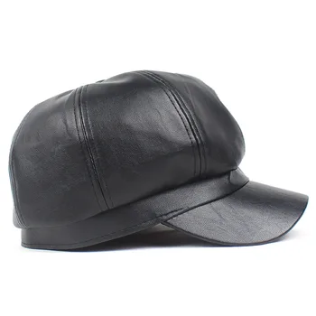 Lanxxy нова черна кожена Газетчик Cap Vintage взема мъжете Есен Зима шапки за жени Ежедневни художник Cap
