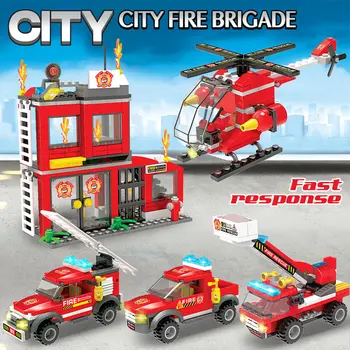 593PCS City Military Police Series Coastal Fire Car Truck Building Blocks съвместими градските пожарни станции тухли играчки за деца