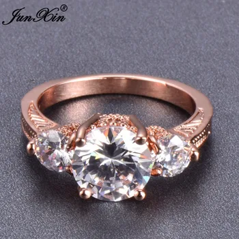 JUNXIN Luxury Big White Round Ring мода розово злато напълнена бижута AAA Циркон камък пръстени за жени, стари брачни халки