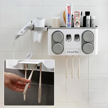 Семеен притежателя на четка за зъби, набор от лесна инсталация на пластмасови баня четка за зъби рафтове за съхранение на паста за зъби, Опаковка на паста за зъби с 4 чаши