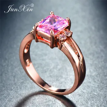 Жена Принцеса pink геометричен камък пръстен с Кристал Цирконий 18-каратово розово злато-годежни пръстени за жени обещание годежен пръстен
