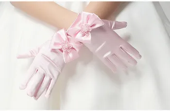 Малко момиченце ръкавици сатен цвети партия лък ръкавици за деца церемония сватбени аксесоари, сватбени ръкавици Сатен къса