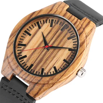 Класически Zebrawood мъжки часовник Червен секунди дизайн кръгъл циферблат черна естествена кожа за мъже дървени часовници Кварцови часовници