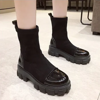Мода буци токчета жени къса ботильоны велур есента на платформа Дамски ботуши нескользящие през цялата чорап Дамски обувки 2020 нов