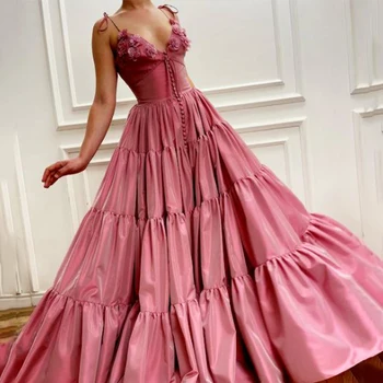 UZN елегантен розов V-образно деколте нагънат A-Line рокля за абитуриентски бал Секси Spagetti колани на облегалката вечерна рокля плюс размер вечерна рокля с цветя