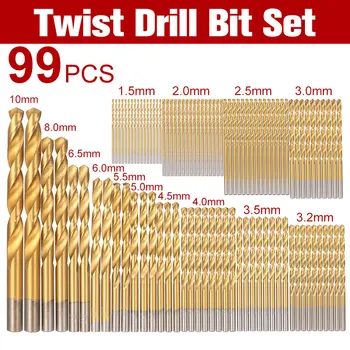 99pcs HSS Titanium Coated Twist Пробийте Bit Set 1.5-10mm Twist Drills Bits Kit Titanium Nitrided Twist Пробийте