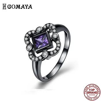 GOMAYA Square Purple Cubic Цирконий пръстени елегантен класически ретро пръстени за жени сватба, годеж модни бижута и аксесоари