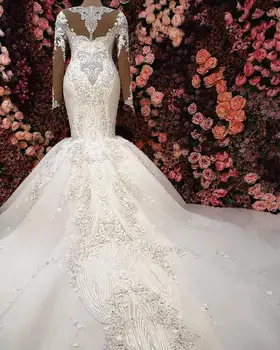 Луксозни русалка с дълъг ръкав на сватбена рокля 2020 robe de mariee мъниста и дантела сватбени рокли, изработени ръчно почистване на влак булката рокля