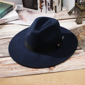 GEMVIE New Wool Felt твърда широка периферия фетровая шапка за мъже раирана лента от пера Есен Зима Панама джаз шапка за жени