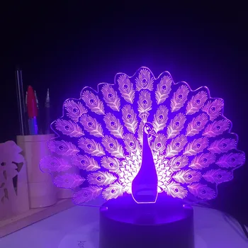Паун разпространява опашка на Паун 3D LED Night Light 7 промяна на цвета на животни настолна лампа Home Decor подаръци 3.28 годишнина от пзр на сделката