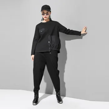 [ИАЛ] Women Black Asymmetric Button Split Big Size T-shirt New Round Neck Long Sleeve Fashion Tide пролет есен 2021 1T542
