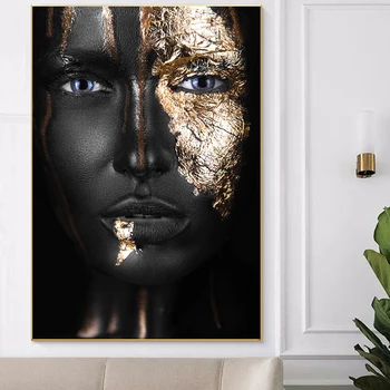 CNPAINTING African Art Black Gold Woman Poster Pretty Face Платно Живопис Wall Picture For Living Room Home Decor No Frame