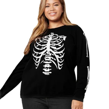 Жените Хелоуин Нов Скелет Печат С Дълъг Ръкав Тениски Плътен Цвят На Хелоуин Тениски